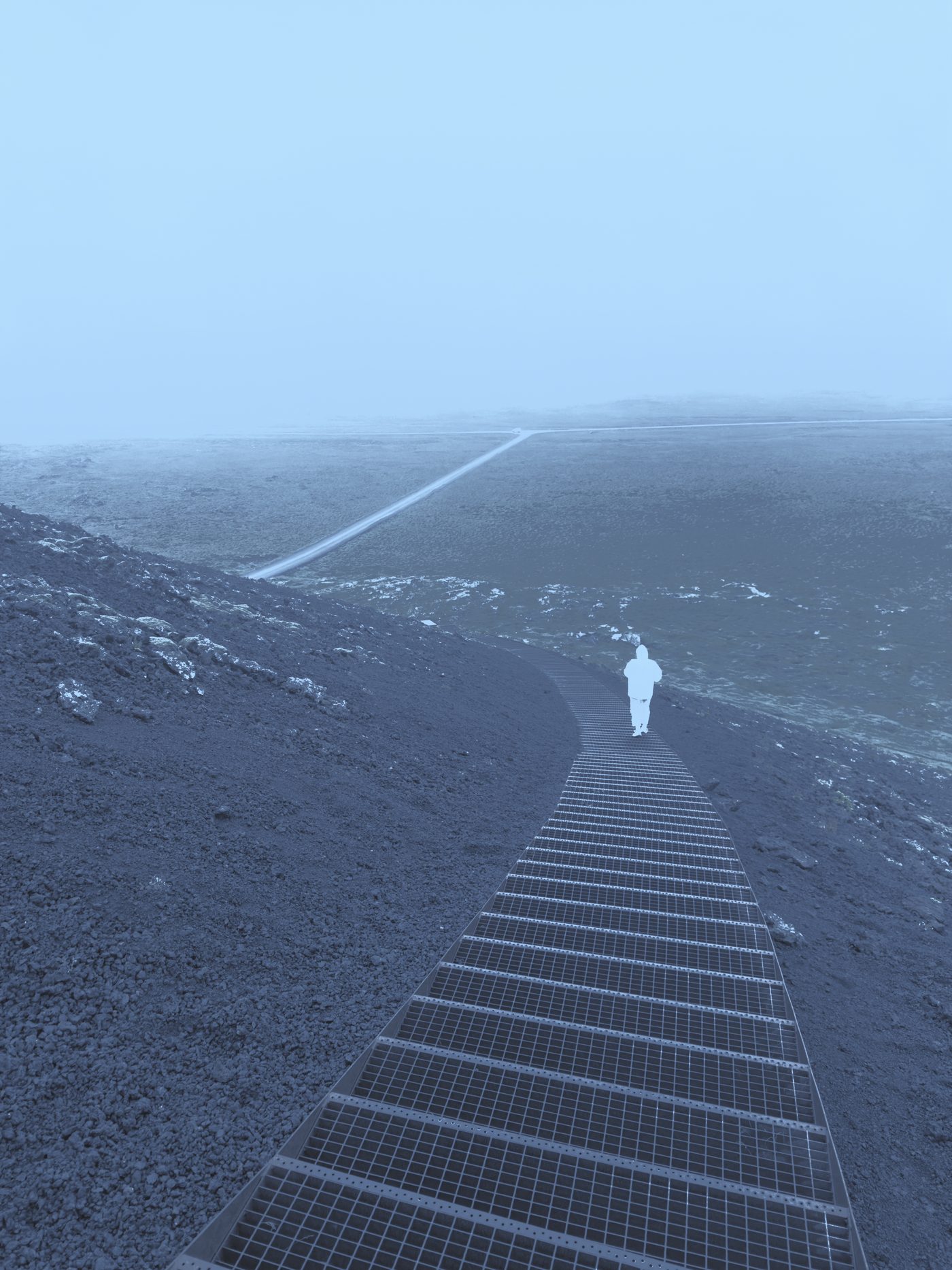 Day for night: crater stairs and a lone figure in moonlit blue