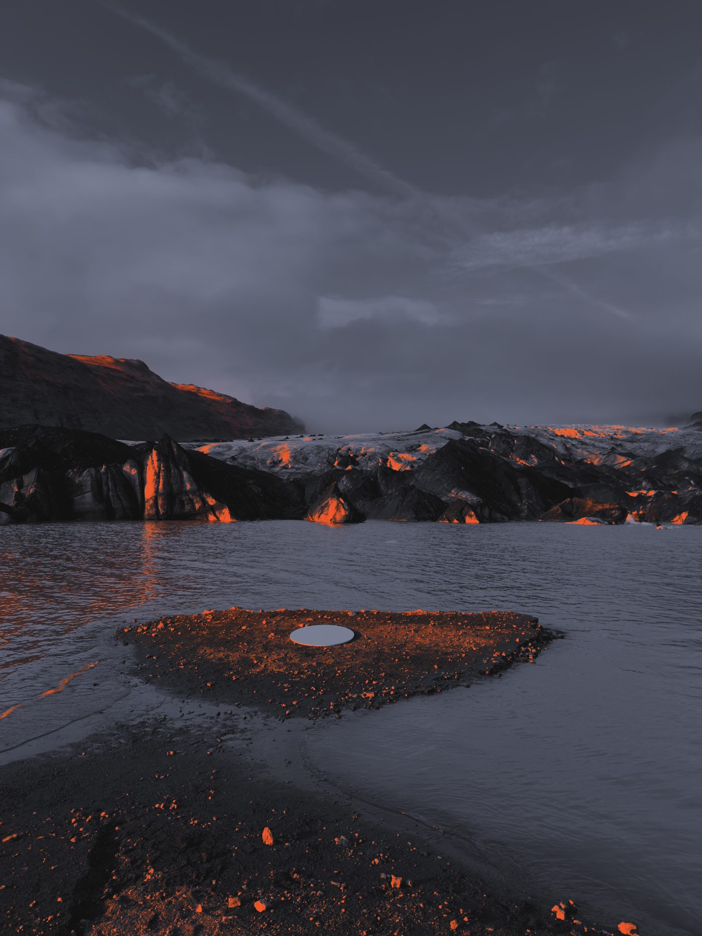 Night infrared: glacier ice lit in ember orange around a dark lagoon